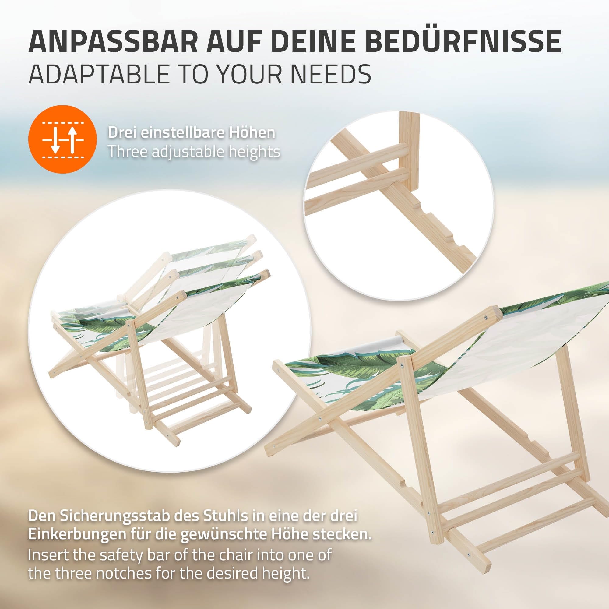 ECD Germany 2er Set Liegestuhl klappbar Tropical Grün-Weiß, aus Holz, Sonnenliege mit verstellbarer Rückenlehne, Strandliege bis 120 kg, Gartenliege, Strandstuhl, Relaxliege für Garten Balkon Terrasse