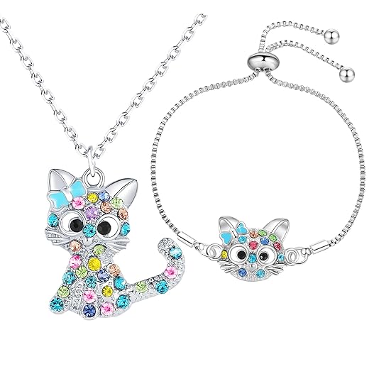 Lovely Rainbow Rhinestone Cat Jewelry Set For Girls Pendant Necklace Girl Jewelry Gift For Girls Daughter Granddaughter Niece Christmas Gift Girl Birthday Gift over 3 years old.