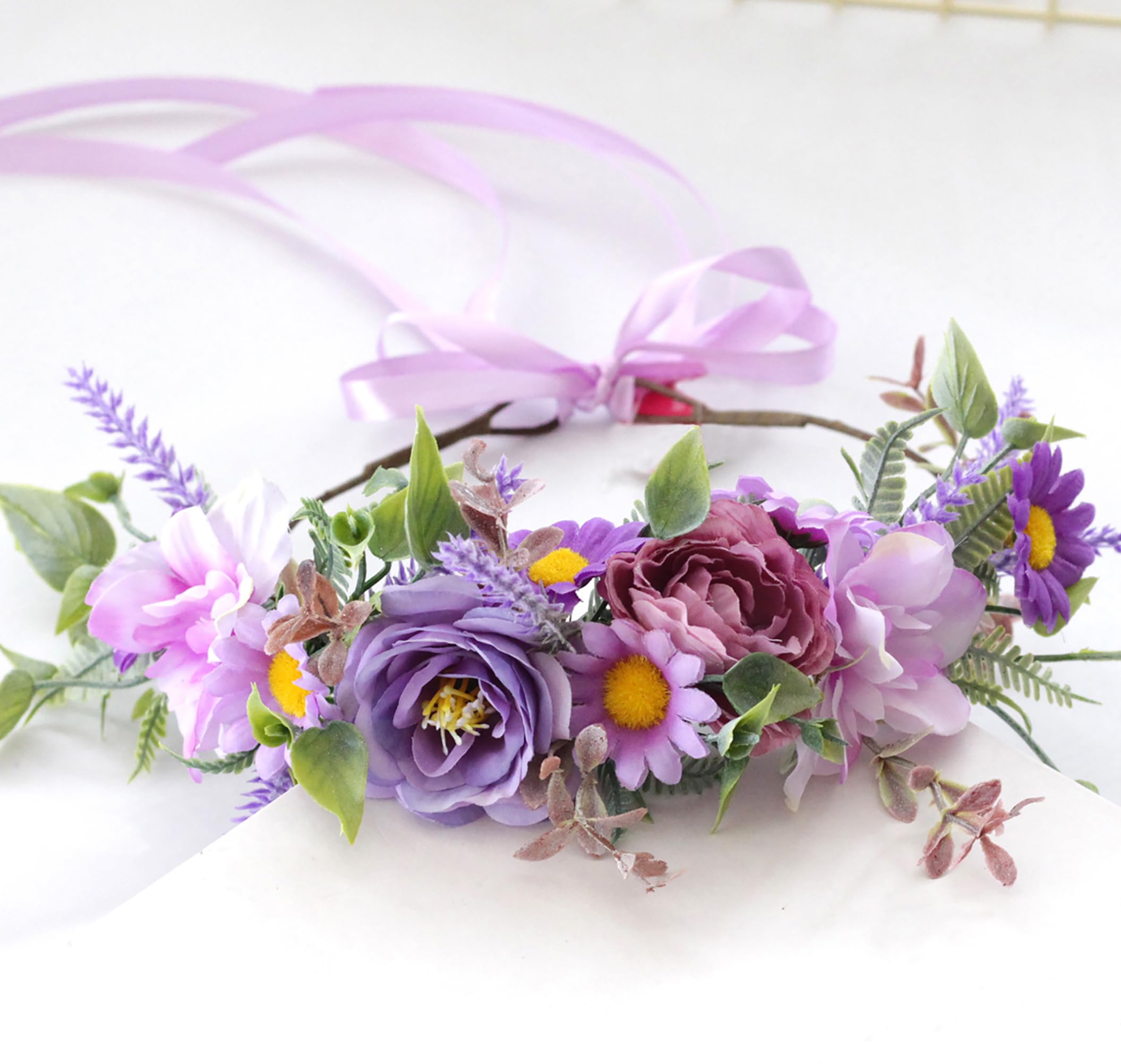 Brikuinr Floral Halo Crown Wreath Flower Garland Headband Hair Wreath Floral Headpiece Boho Wedding Party Festival with Ribbon - Image 3