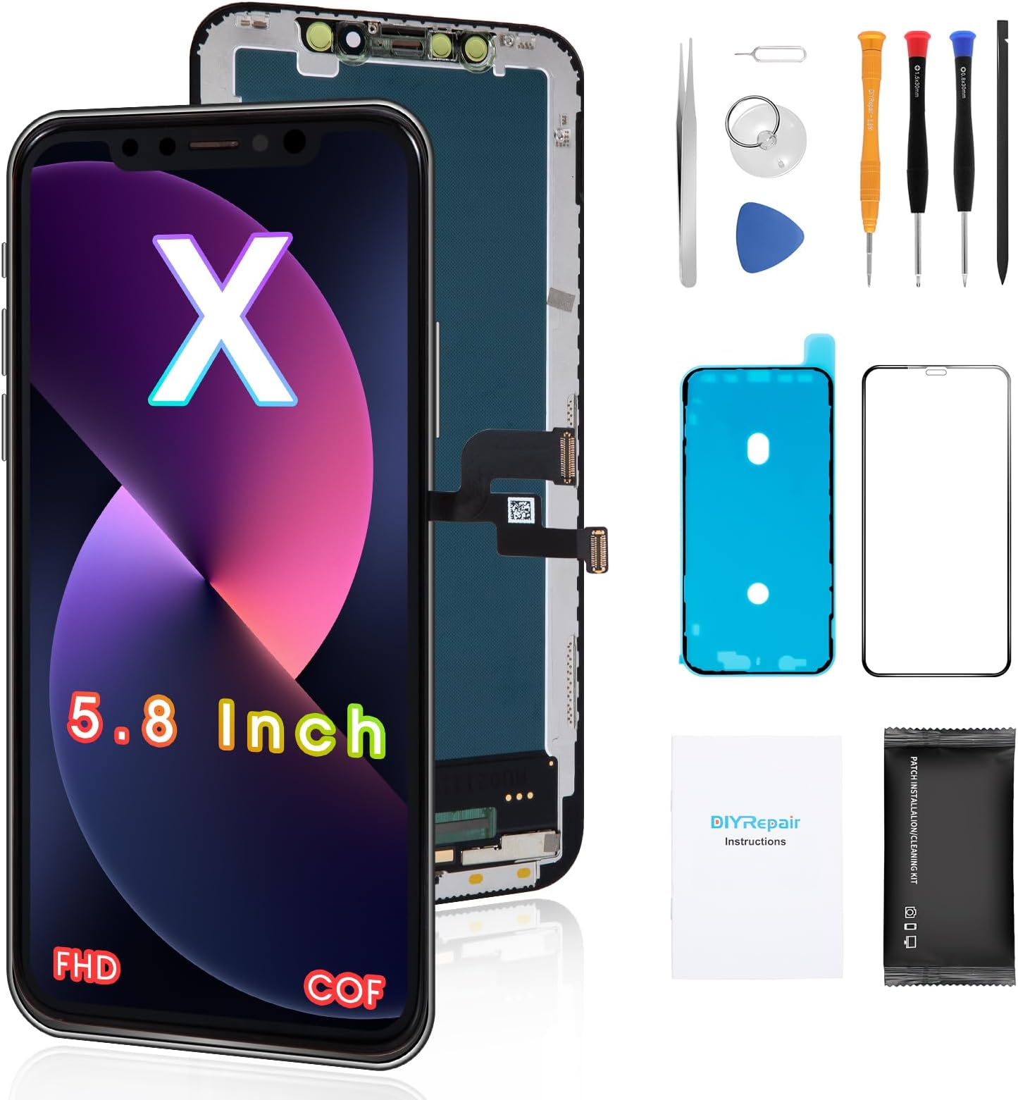 Screen Replacement for iPhone X 5.8’, 3D Touch Display Full Repair kit, Digitizer Assembly with Tools Set, Tempered Glass, Instruction