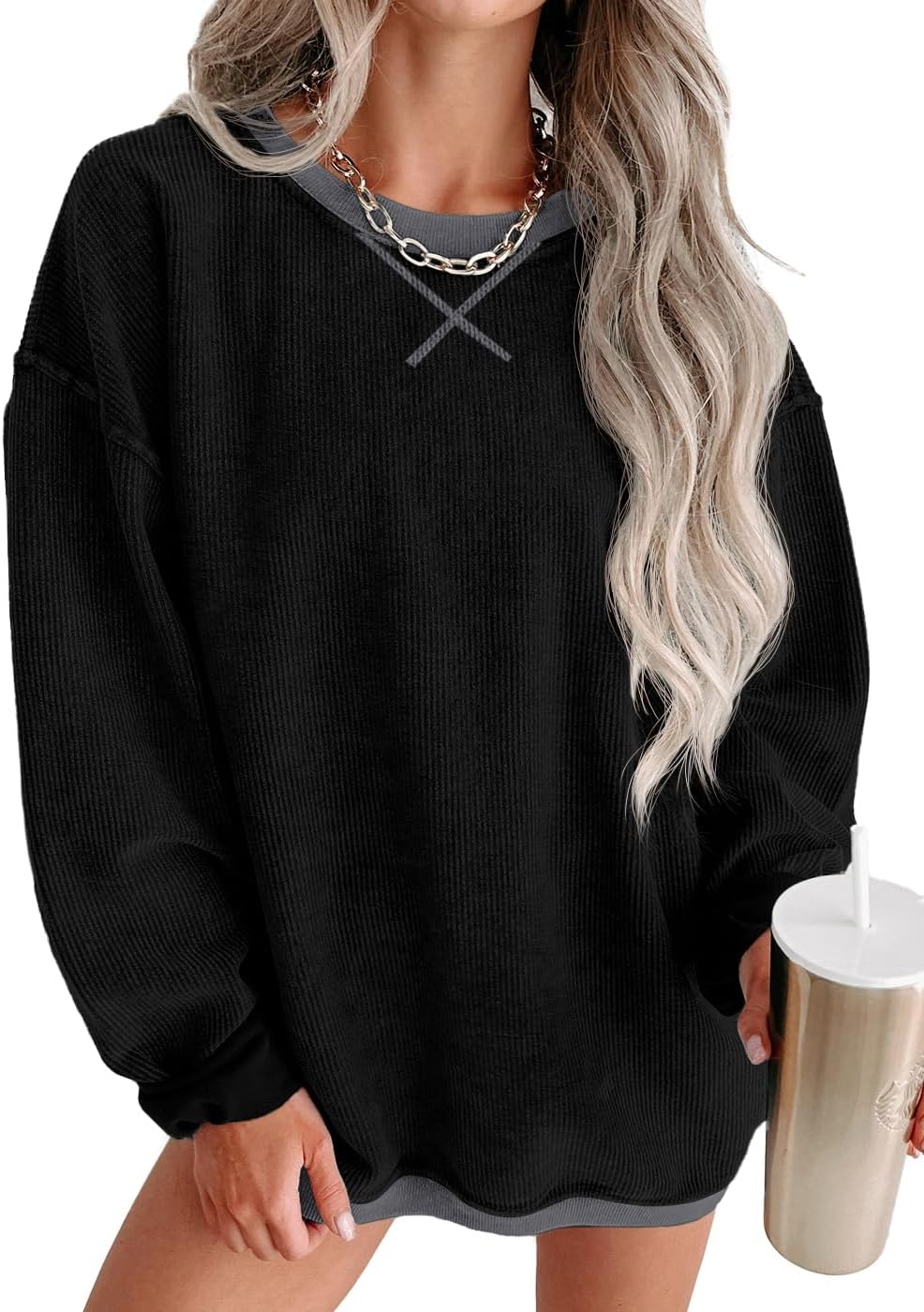 ONLYSTORY Womens Sweatshirts Casual Cored Corduroy Pullover Tops Oversized Long Sleeve Crewneck Shirts