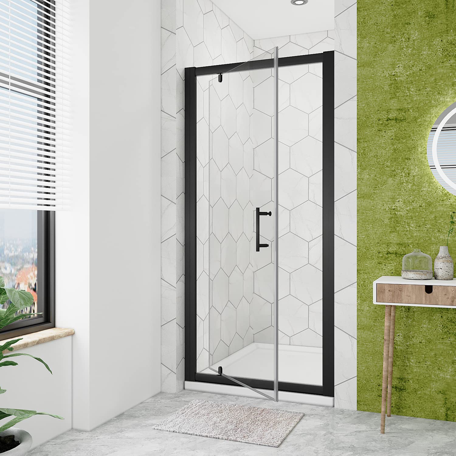 ELEGANT 700mm Black Pivot Hinge Shower Door 6mm Safety Glass Reversible Shower Enclosure Cubicle