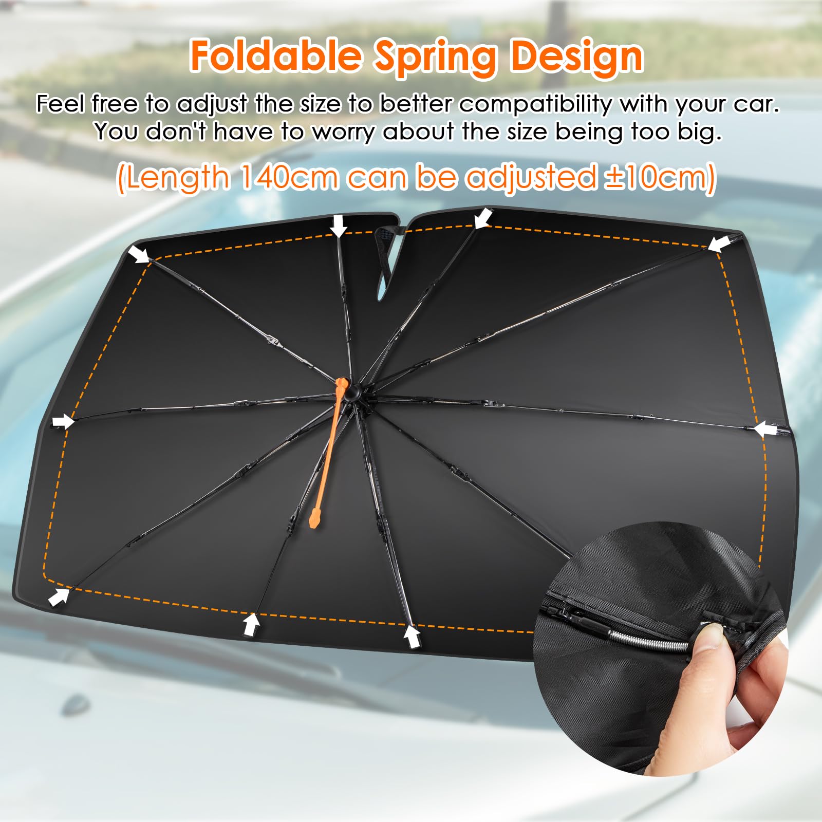 Parasol de coche para parabrisas giratorio 360°, plegable, con pliegue de muelle, adecuado para protección solar para parabrisas delantero, protección UV, 150 x 82 cm