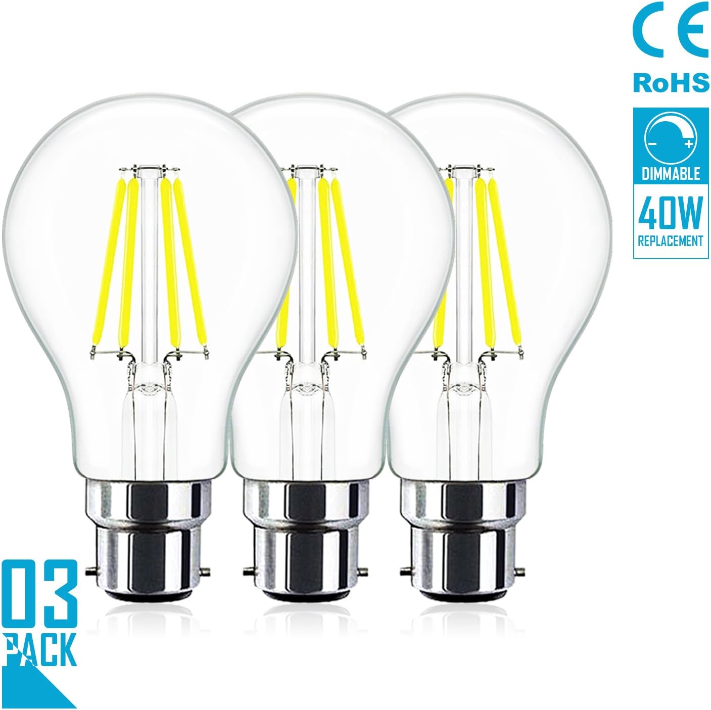 Haodude 4W Dimmable A19 B22 Base LED Bulbs, 400lm, 360 Beam Angle, 6400K Daylight, LED Filament Bulbs 3 Pack [Energy Class A+]