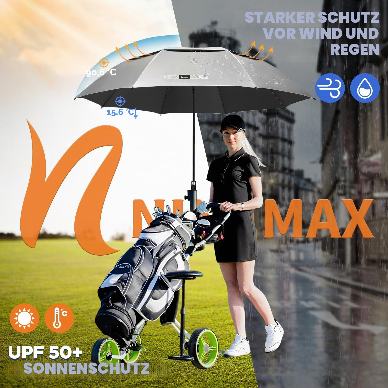 NINEMAX Regenschirm mit UV Schutz XL/XXL, UV Großer Golfschirm Sturmfest, Große Golf Sonnenschirm für Herren Damen 2 Personen