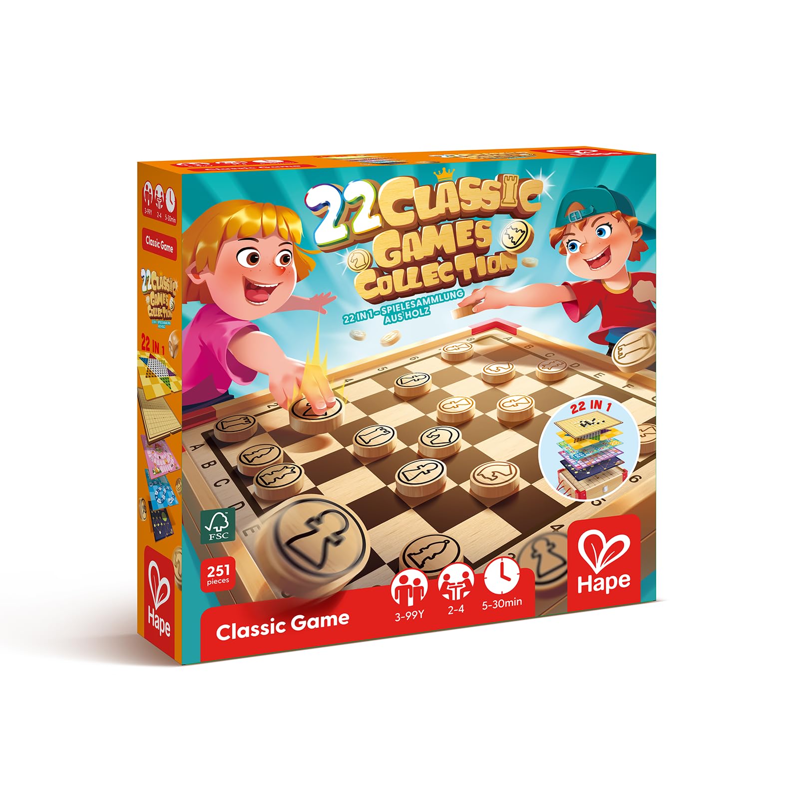 Hape Drewniany zestaw do wielu gier, 22 klasyczne gry planszowe na rodzinną noc, edukacyjne zabawki strategiczne dla dzieci i dorosłych, kompaktowe, przenośne etui do przechowywania dla chłopców i
