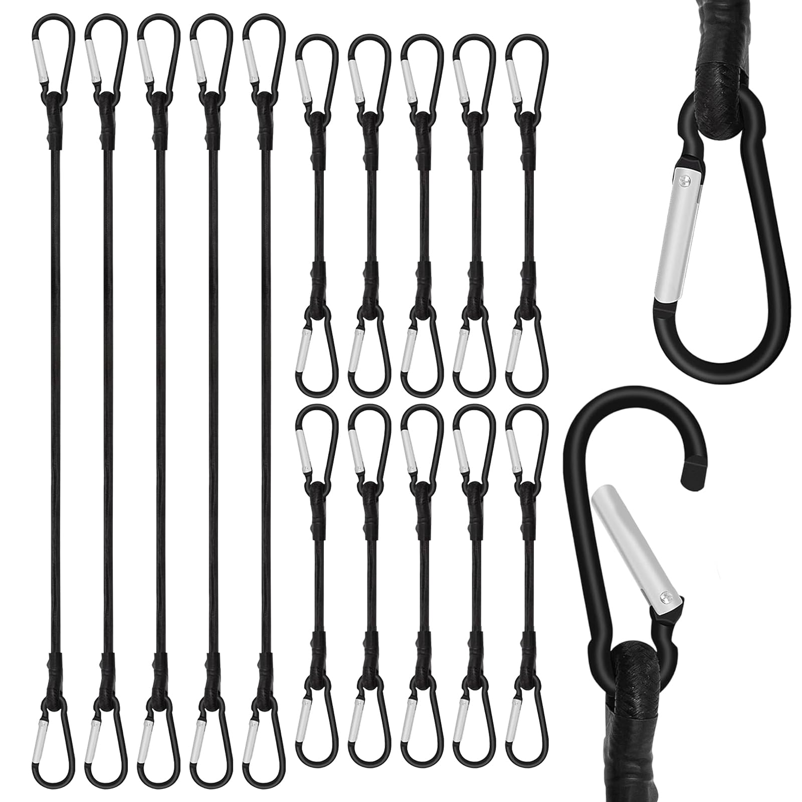 15 PCS Bungee Cord, 30cm and 70cm Bungees with Hooks, Heavy Duty Bungee Cords with Carabiner Clips for Securing Luggage, Camping Gear, Bike Racks, Car Roof, Mountaineering (Black)