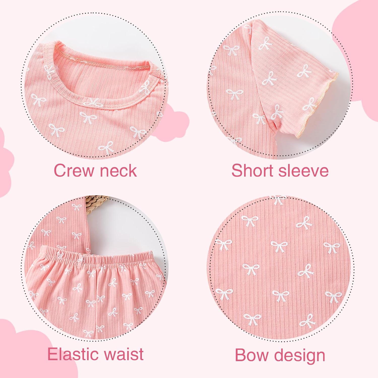 Toddler Baby Girl Summer Clothes Ruffle Ribbed Knit Short Sleeves Cute Bow T Shirt Tops and Shorts Outfit Pink 18-24 Months image 3 of 6 B0F38GLD83