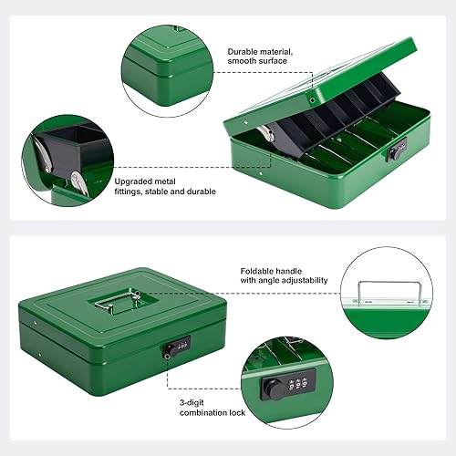 Miniatura 8 de Caja de dinero grande con cerradura de combinación y bandeja de dinero, caja de dinero con bandeja para efectivo, caja fuerte con cerradura para