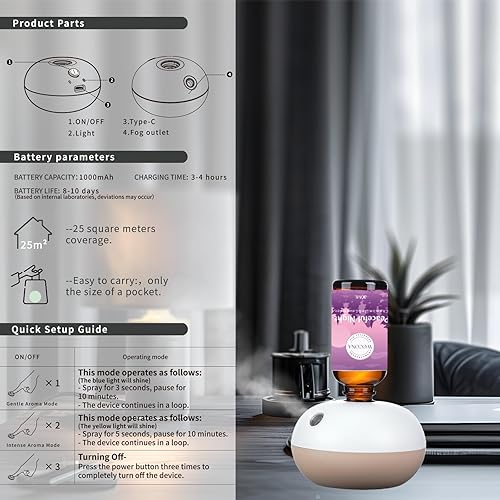 Miniatura 4 de Difusor de aceite esencial recargable sin agua, 2 modos de niebla, kit de iniciación con 2 aceites esenciales, difusor de aroma de apagado