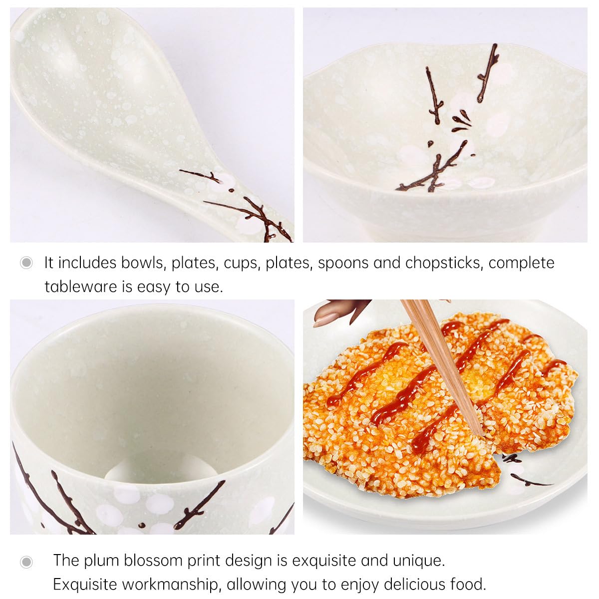 FRCOLOR Ensemble de Vaisselle Japonaise Comprenant Assiette, Bol, Tasse, Plat, Cuillère et 6 Pièces en Céramique pour Repas Quotidiens