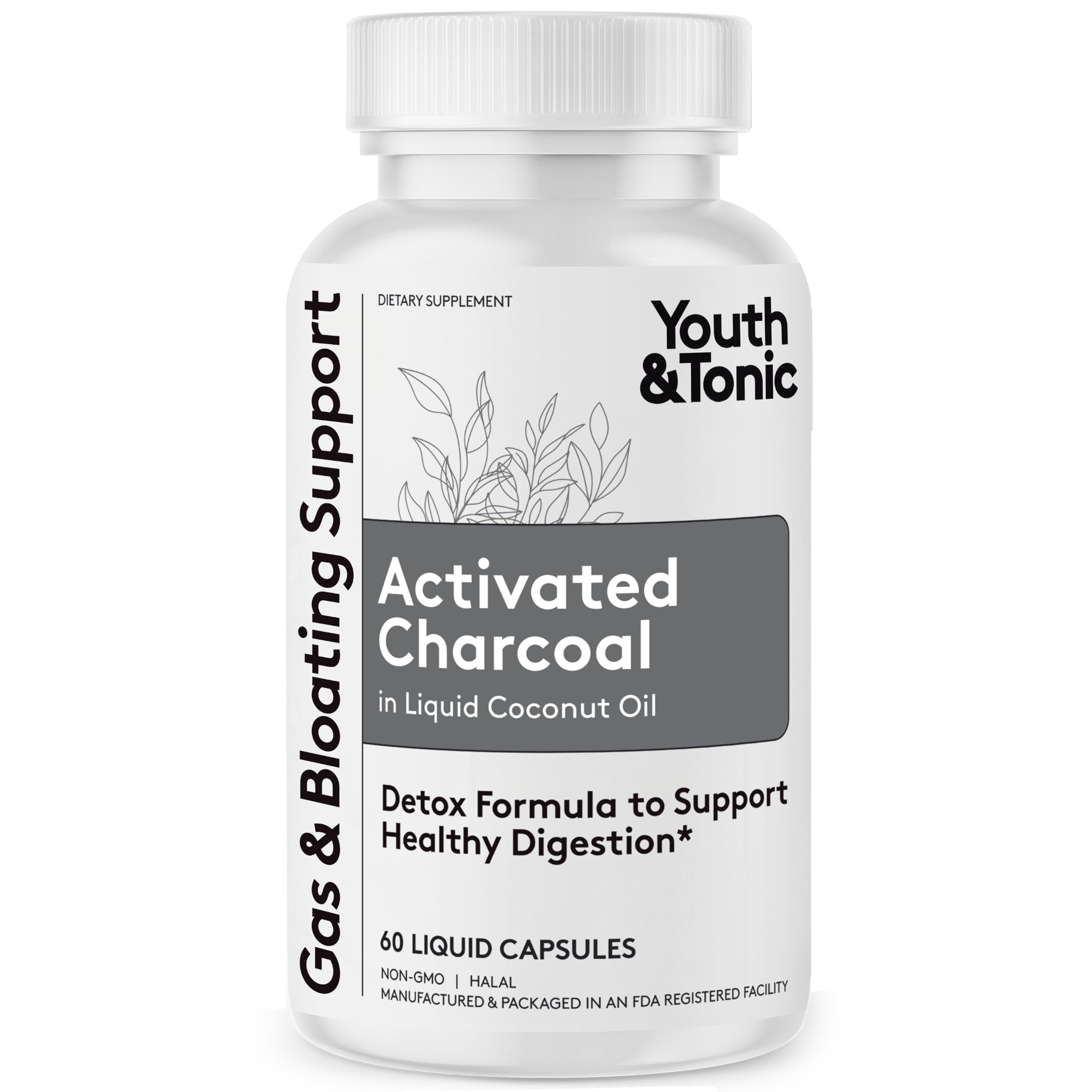 Youth & Tonic Liquid Activated Charcoal Pills, Gas Bloating Stomach Relief