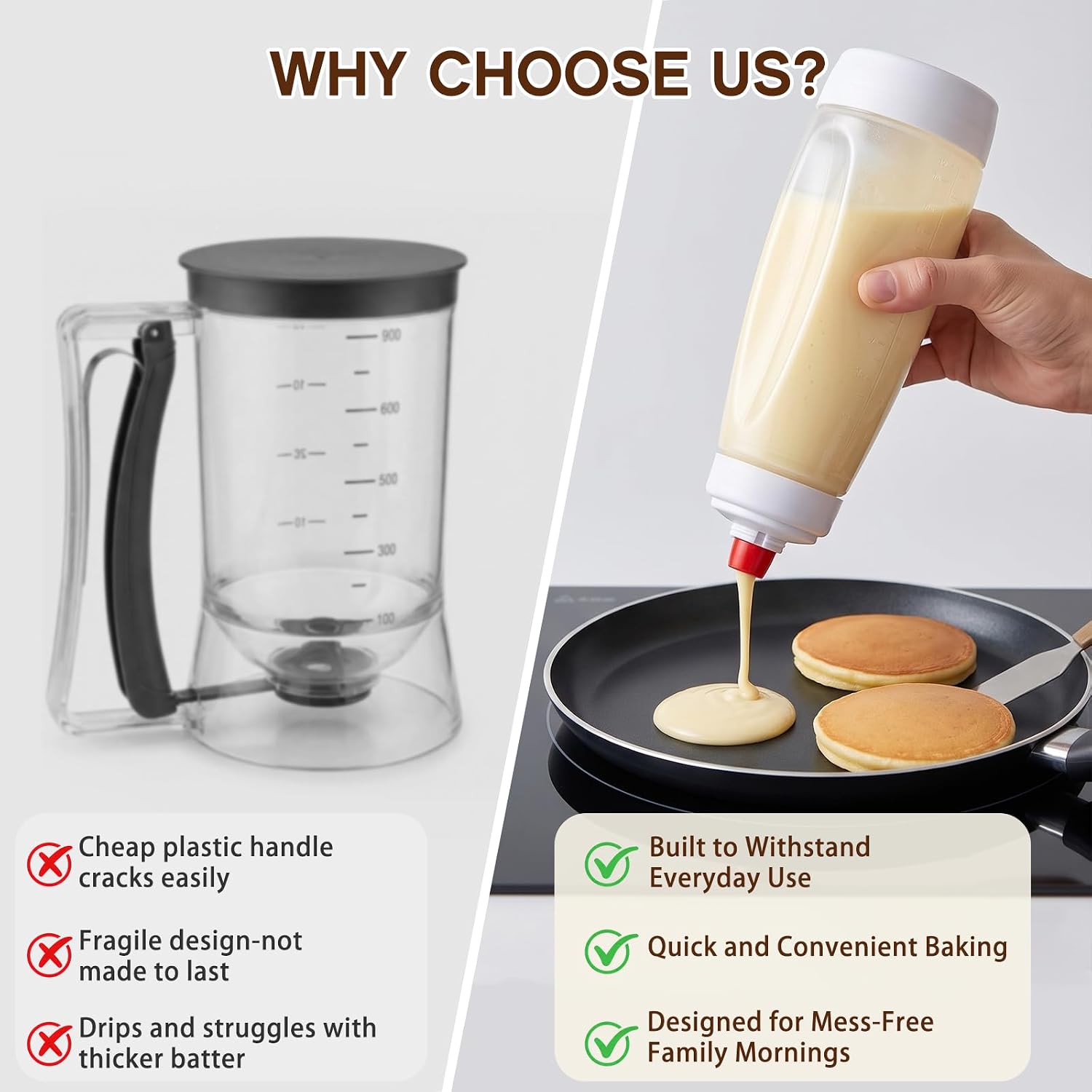 2 Pack 1000ml Squeeze Pancake Batter Dispenser Stainless Steel Mixing Balls