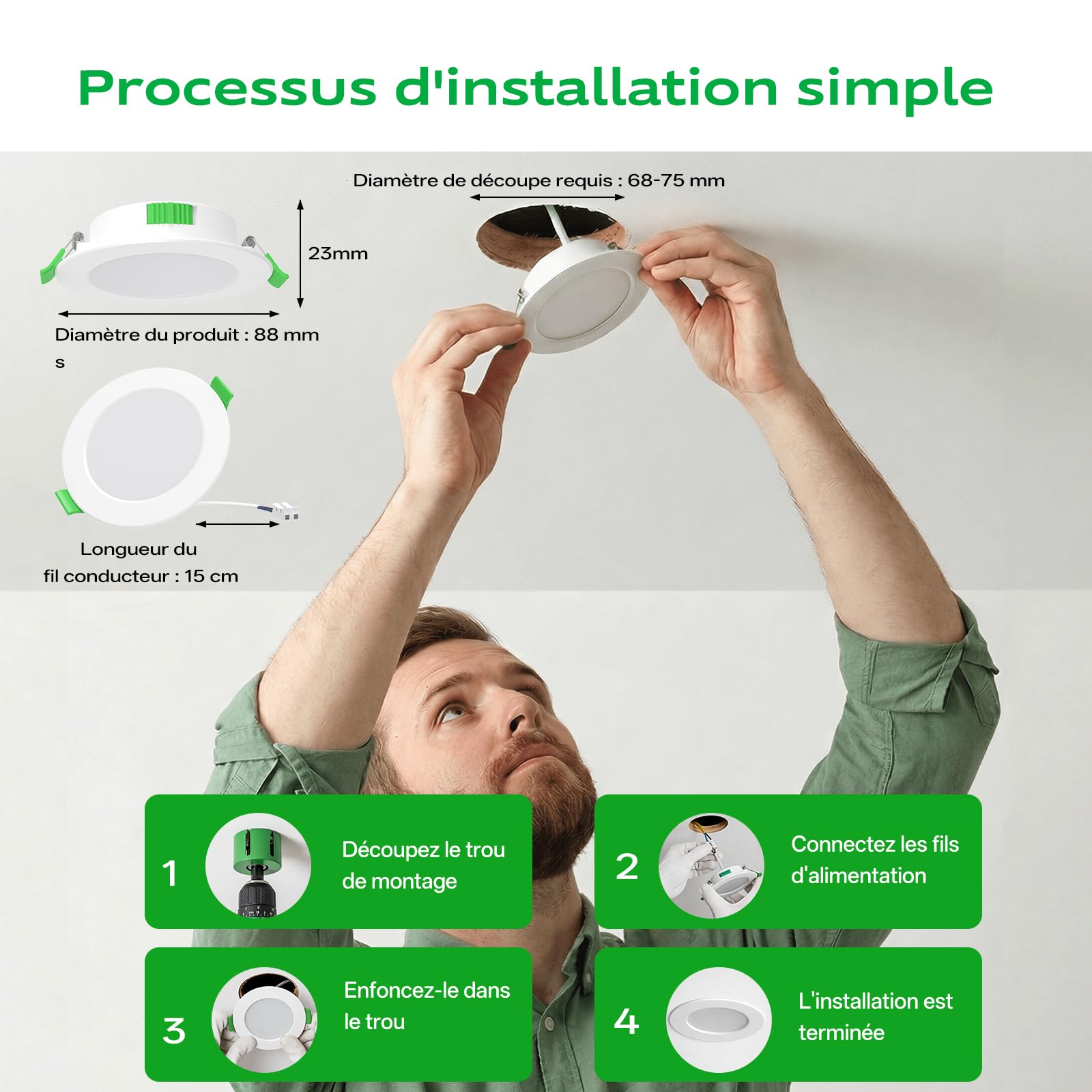 Spot LED Encastrable 5W Dimmable Lot de 20, 3 Températures 2700K/4000K/6000K, Spot Salle de Bain IP44, Trou 68–75mm, Spots de Plafond LED pour Rénovation Maison Cuisine Salon Chambre