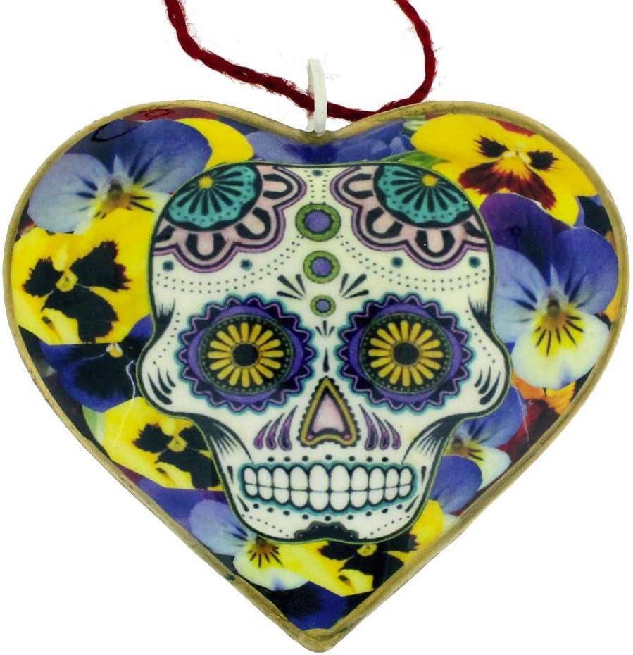 Sugar Skull with Pansy Metal Heart Holiday Ornament Day of The Dead