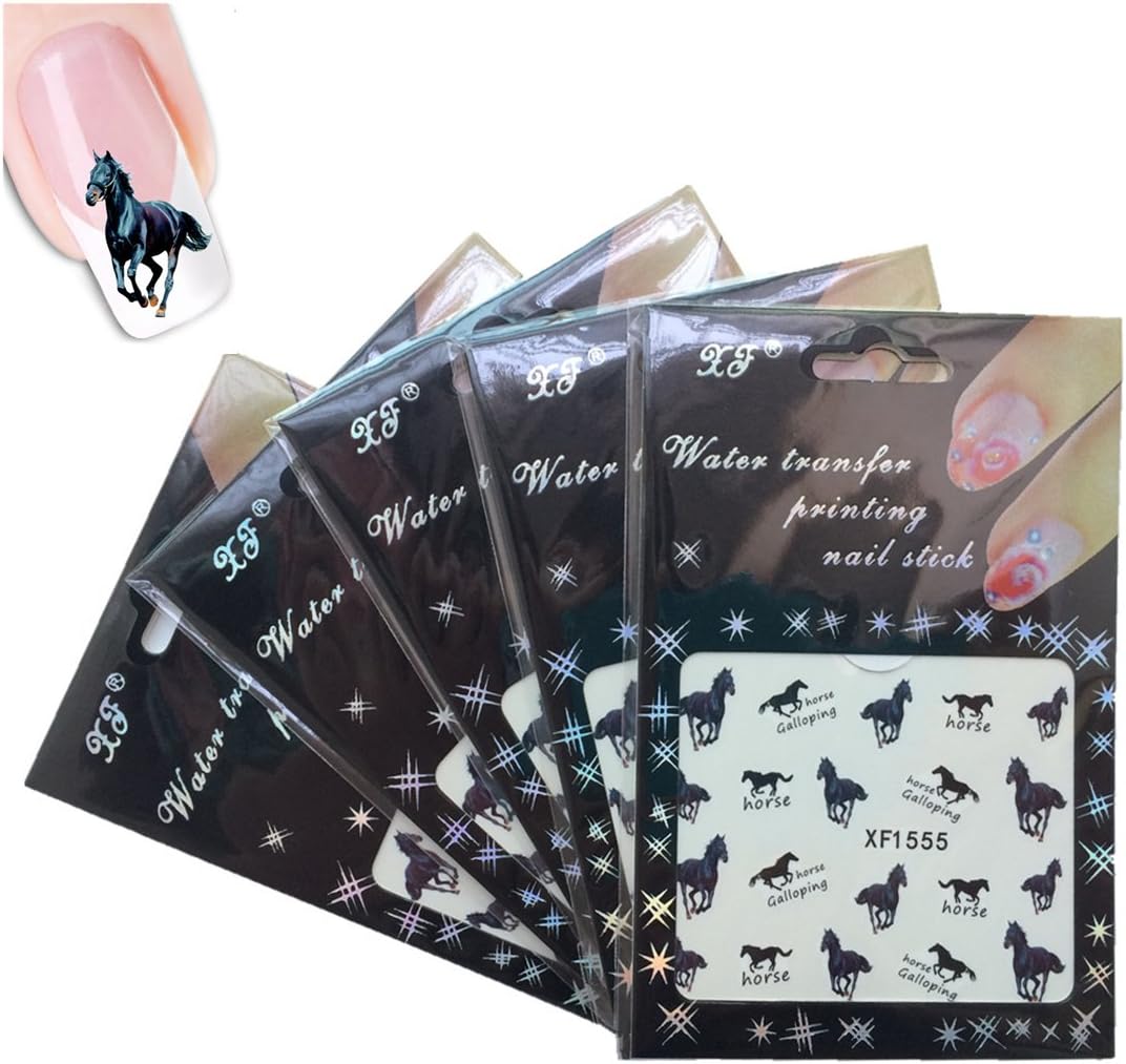 Hodorli 5 Packs of Water Transfer Nail Art Decals Tips Decoration Stickers Cool Horse Design