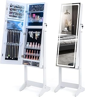 Comprar COSTWAY COSTWAY Armario para Joyas, Joyero de Pie con Espejo Iluminado de 3 Colores, Puerta con Cerradura y Llaves, Caja de Lápiz Labial y 2 Cajones,Organizador de Joyas con 3 Ángulos Ajustables (Blanco)