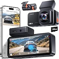 VIRROW X5 4K+2.5K Dual Dash Cam Front & Rear with 3.39" Touch Screen, WiFi App, 64GB Card, Night Vision