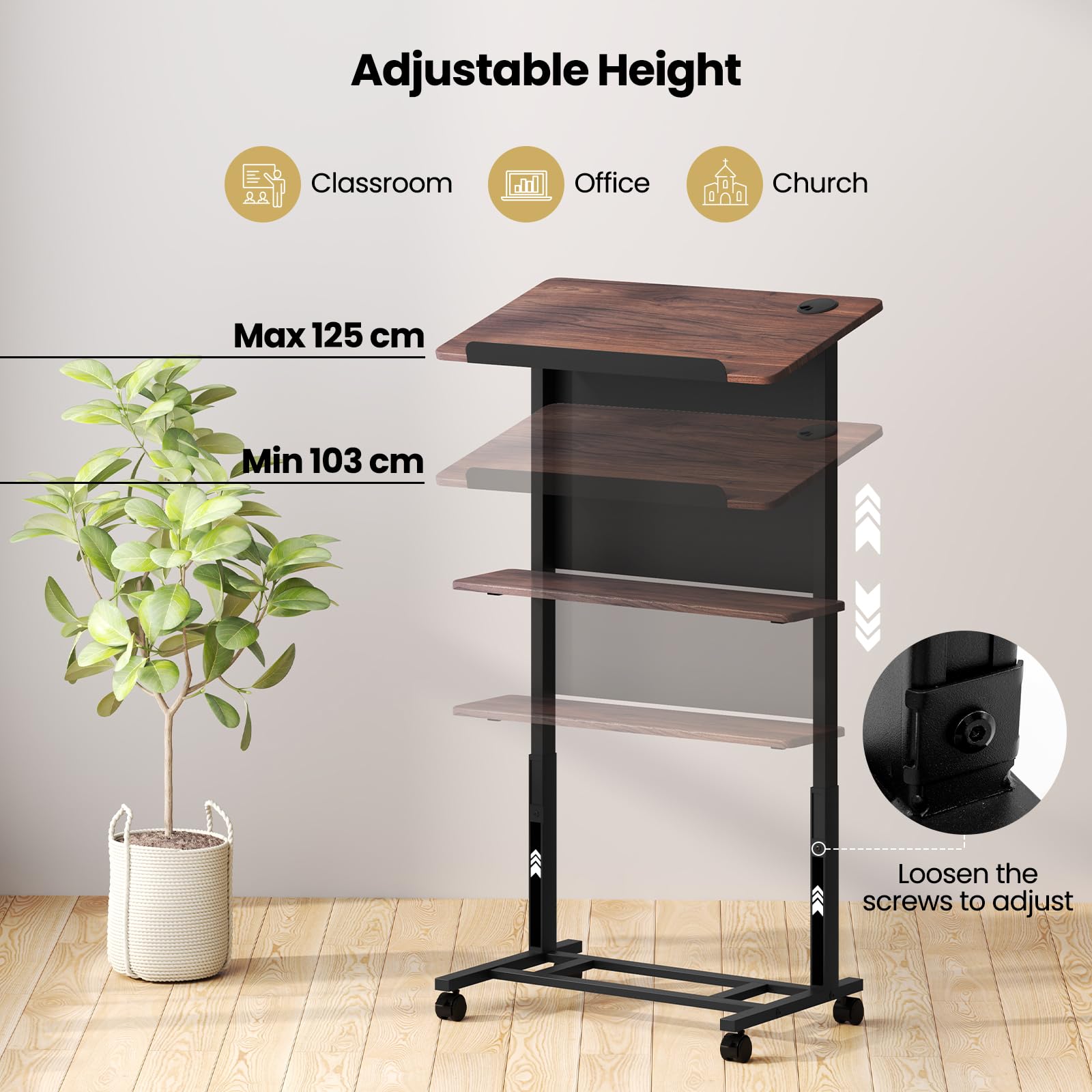 GIANTEX Rednerpult 103-125cm höhenverstellbar, 70 x 42cm Laptoptisch mit 4 Rollen & neigbarer Tischplatte, Mobiler Rednerstand mit Ablage, für Kirche, Klassenzimmer, Konferenz