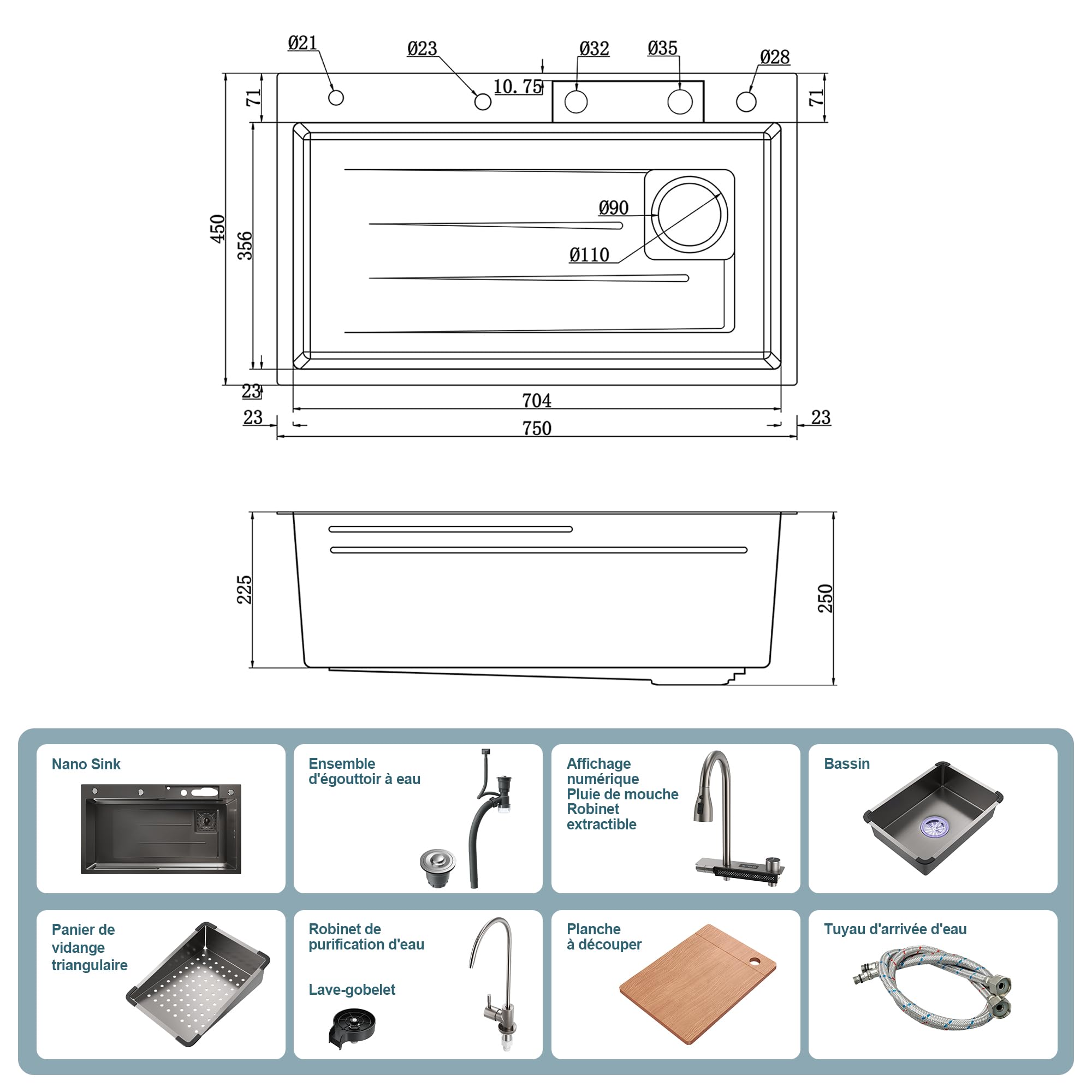 SIRHONA Évier de Cuisine avec Cascade, Évier Multifonction 1 Bac en Inox 75x45 cm, Robinet Rétractable, Avec Affichage de la Température, Noir