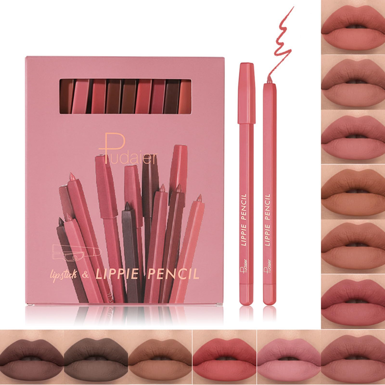 12 perfiladores de labios altamente pigmentados con 3 sacapuntas, barra de labios nude para retoques y rellenos, resistente al agua y de larga duración, no pegajosa para un labio mate perfecto (C)