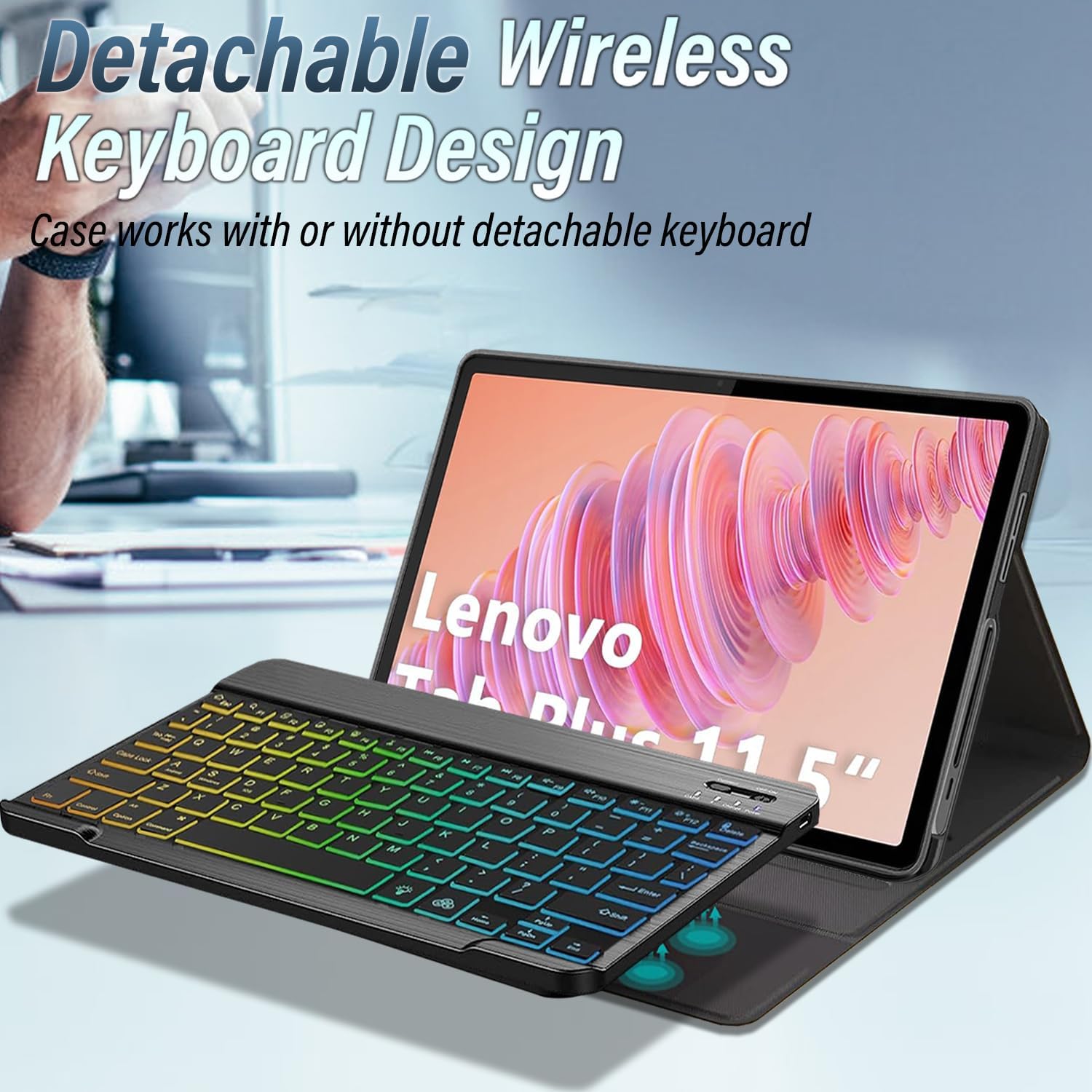 Case with Keyboard for Lenovo Tab Plus 11.5 Inch 2024 (TB351FU), 7 Color Rainbow Backlight Detachable Bluetooth Keyboard Cover for 11.5" Lenovo Tab Plus 2024 Release