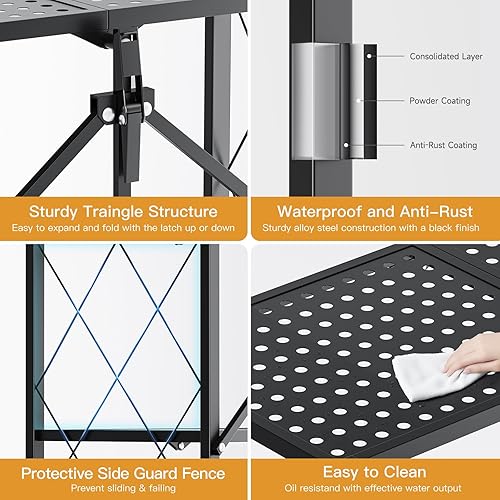 Miniatura 4 de HealSmart Estantería plegable de metal resistente de 3 niveles con ruedas, estantes organizadores para garaje y cocina con capacidad de hasta 750