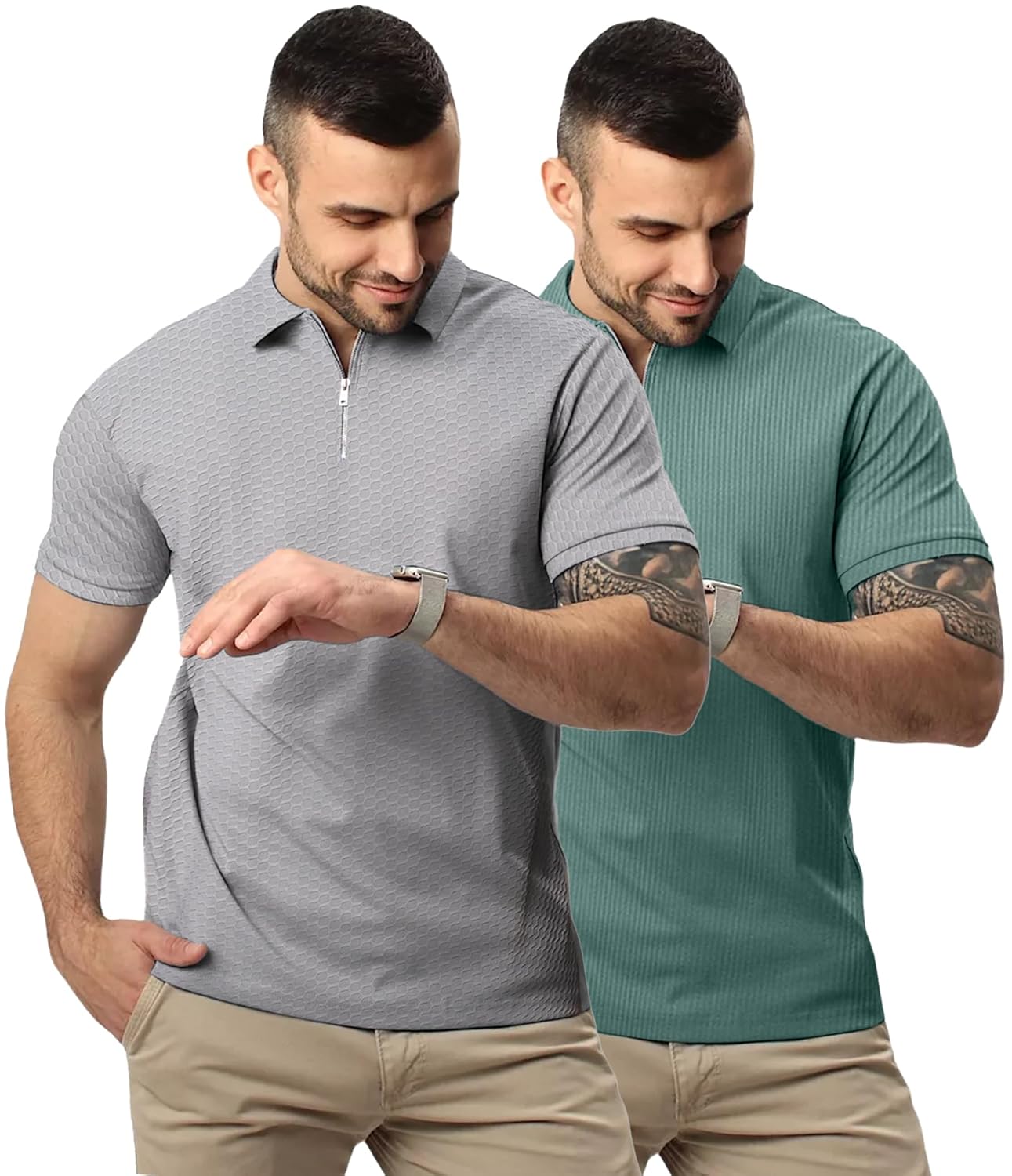 LEOTUDE Men’s Stylist Polo Collor Zipper Neck Regular Fit Cottonblend Half Sleeve Solid Tshirts (Colour: Grey)