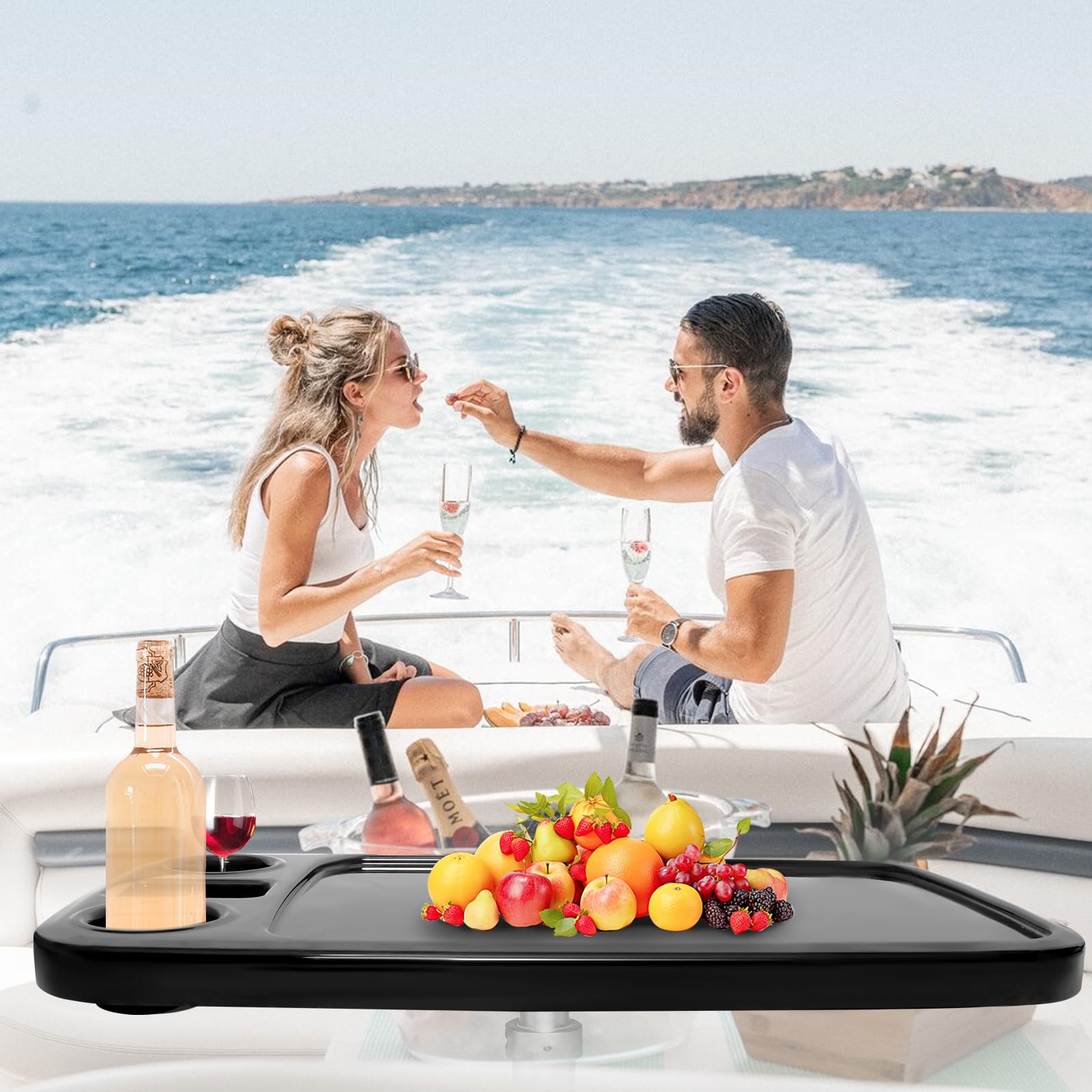 Mesa de barco extraíble, 86,4 x 45,7 cm, pontón para barco, gran parte superior con portavasos integrados, soporte para teléfono de ABS, impermeable y antienvejecimiento (negro)