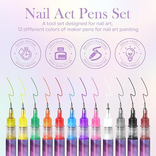 Miniatura 2 de Juego de 12 bolígrafos para arte de uñas, 0.020 in, de secado rápido, marcadores de pintura acrílica, para pintar, dibujar, pintar, puntos de uñas,