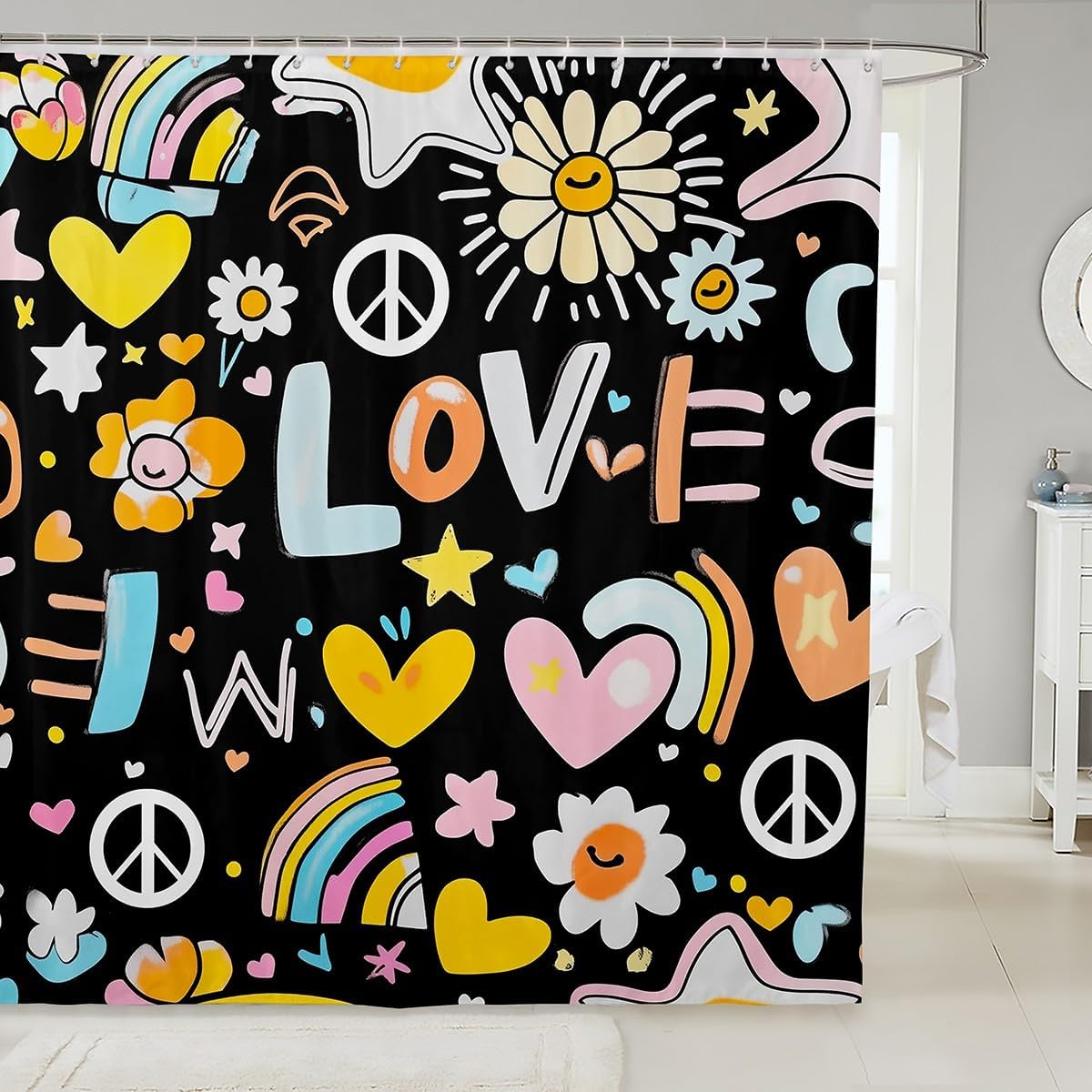 Groovy Flower Shower Curtain Rainbow Peace Sign Print Bathroom Shower Curtain Sets,Cartoon Floral Hippie Fabric Shower Curtain Aesthetic Funny Hippy 72" W X 78" L Bath Curtain For Kids Boys Girls