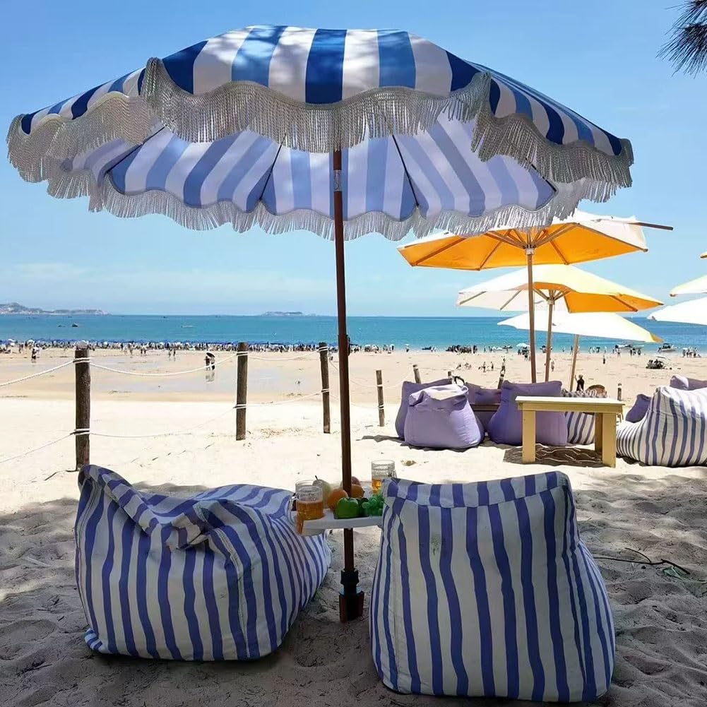 200 cm Parasol Plażowy w Paski z Frędzlami, Odchylany Parasol Ogrodowy z Ochrona UV do UPF 50+ i Stalowym Słupkiem na Plażę, Taras i Piknik(Yellow)