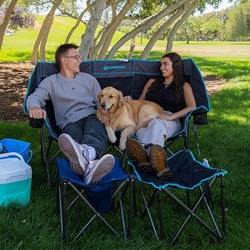 FUNDANGO Extra Wide Double Camping Chair for Adults with Cooler, Oversized 2 Person Loveseat, Padded Heavy Duty Two Person Folding Lawn Couch seat with Cup Holders for Outdoor, Camp, Sports & Lawn