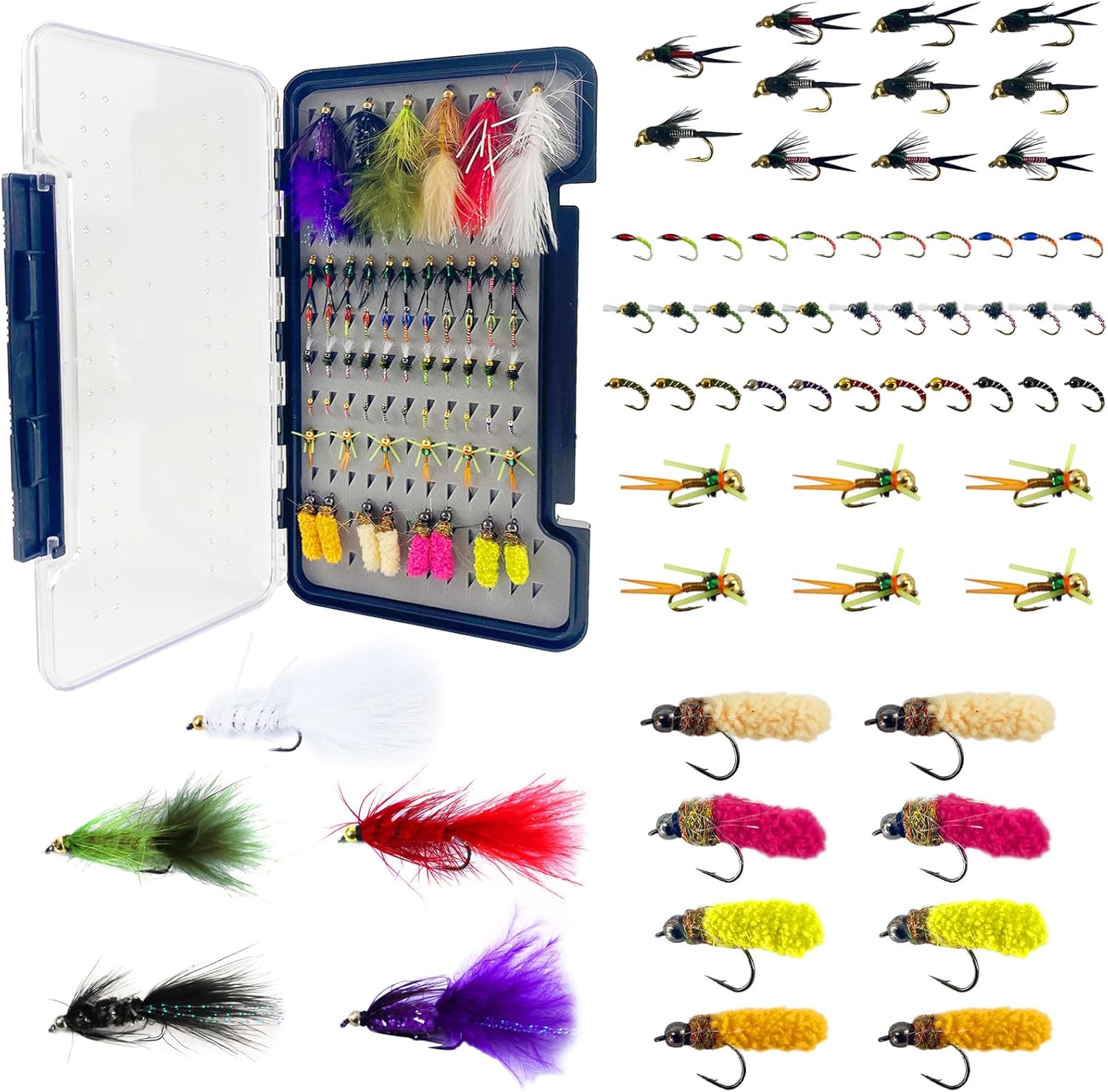 FREE FISHER 65Pcs Fly Fishing Flies Kit Dry Wet Nyphms Streamer Wooly Bugger Copper John Hand-Tied Fishing Flies Assortment Kit with Fly Box