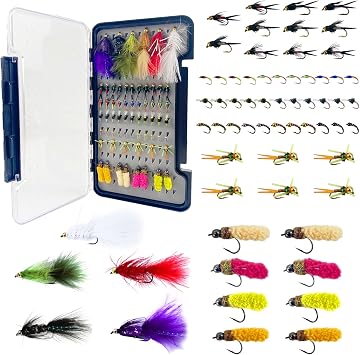 65Pcs Fly Fishing Flies Kit Dry Wet Nyphms Streamer Wooly Bugger Copper John Hand-Tied Fishing Flies Assortment Kit with Fly Box