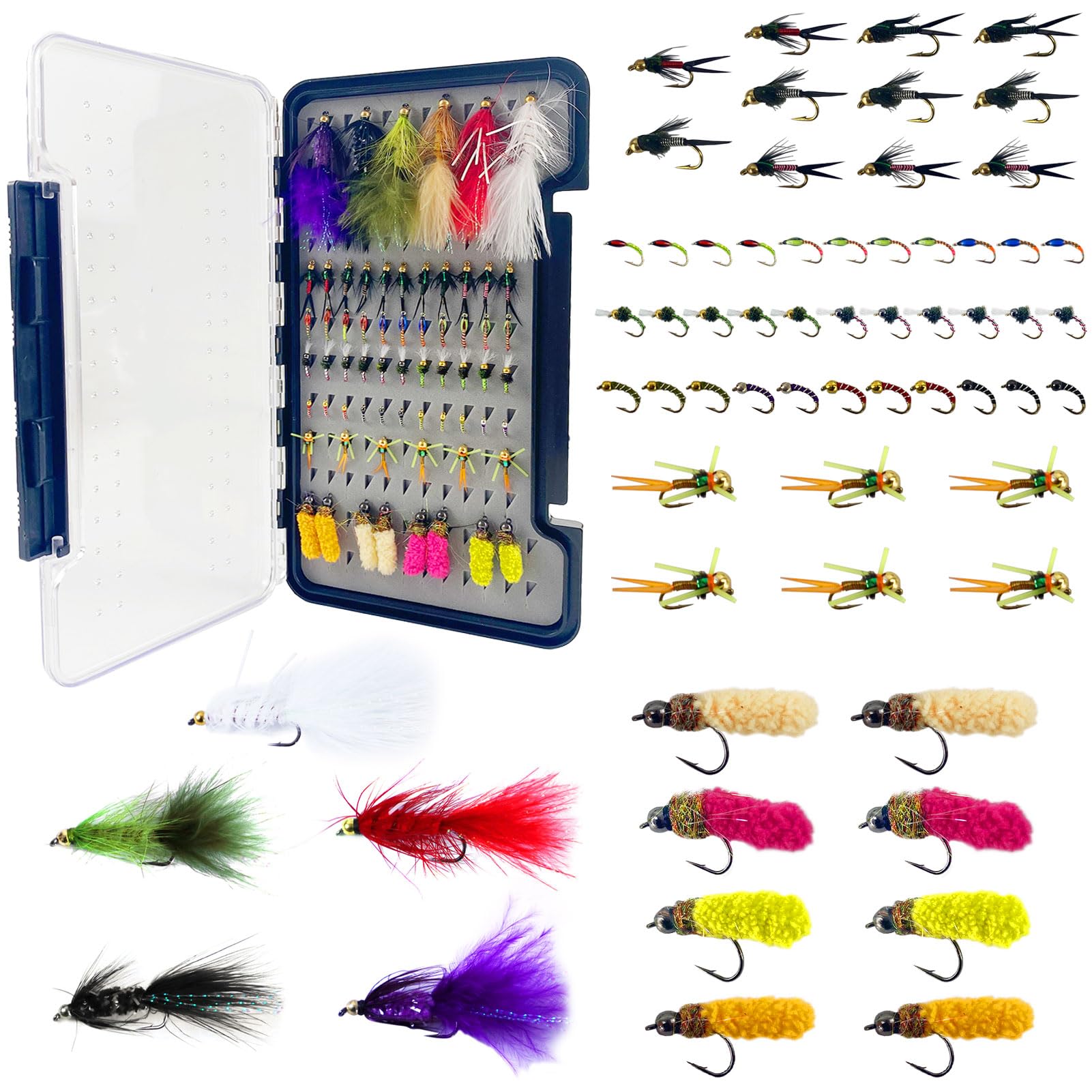 FREE FISHER 65Pcs Fly Fishing Flies Kit Dry Wet Nyphms Streamer Wooly Bugger Copper John Hand-Tied Fishing Flies Assortment Kit with Fly Box