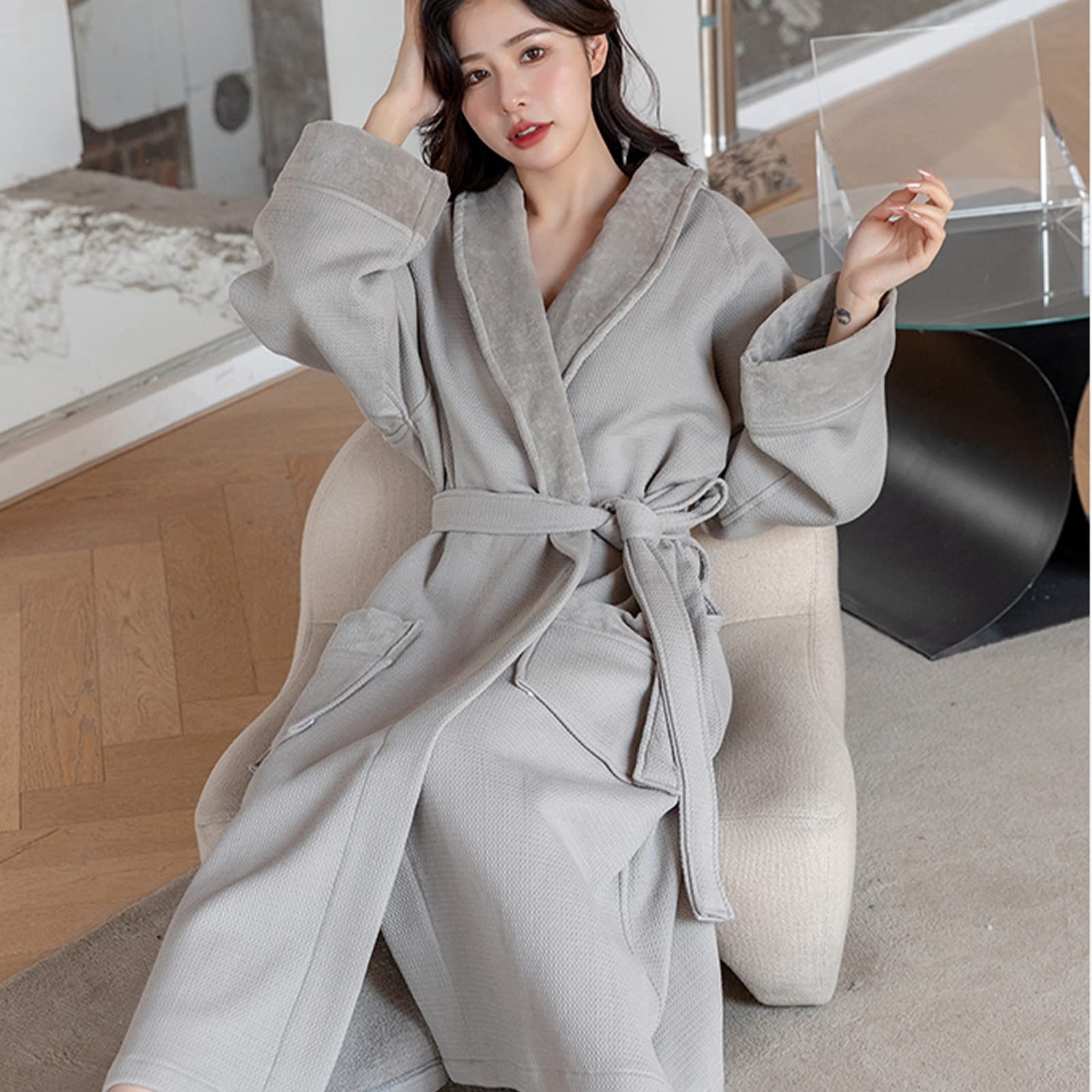 Szlafrok Unisex Męski Bawełniany Szlafrok ， Hotelowy Szlafrok Frotte ， Zewnętrzna Warstwa Waflowa, Wewnętrzna Warstwa Frotte, Szybkie Wchłanianie Wody, Brak Kłaczków (Color : Light gray, Size : XL)