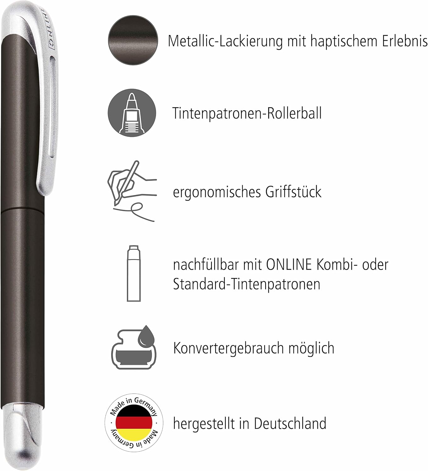 Online Ergonomic Rollerball Pen Metallic Black │ School and High School │ Soft Grip for Left-Handed and Right-Handed │ Standard Ink Cartridges Refillable, Blue Colour │ Student Pens