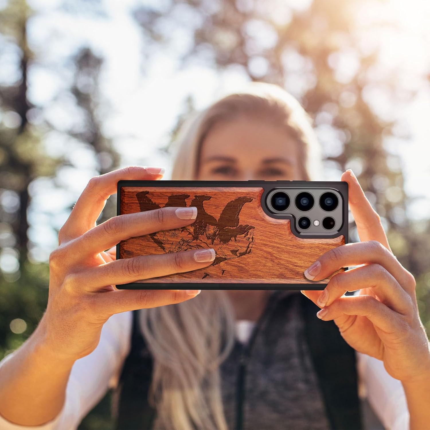 Carveit Wood Case for Galaxy S24 Ultra Case [Natural Wood & Black Soft TPU] Shockproof Protective Cover Unique Wooden Design Compatible with Samsung S24 Ultra (Bear and Valleys-Rosy)