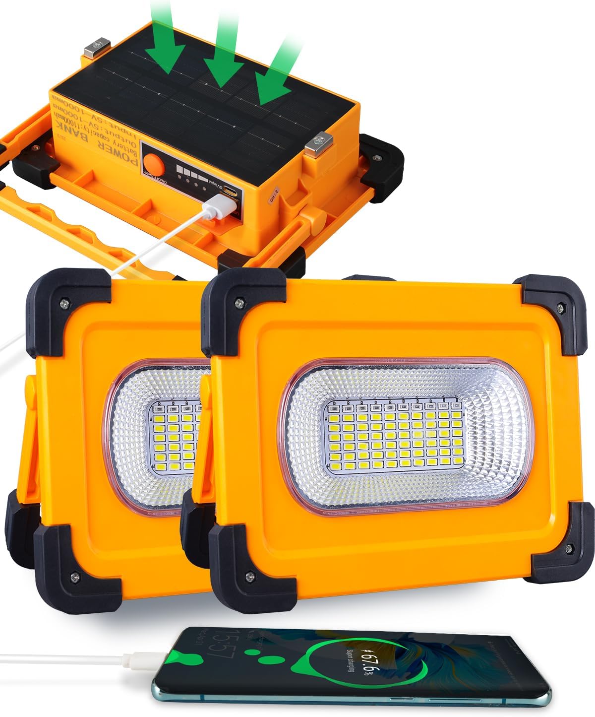 Horenom 60W Work Lights, 2pcs Solar Portable Rechargeable 9000mAh Magnetic LED Flood Light with Stand, Job Site Lighting Lamp for Camping