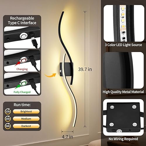 Miniatura 5 de Juego de 2 apliques de pared a pilas con control remoto, luces de pared inalámbricas regulables a batería de 3000K-6000K, juego de apliques de