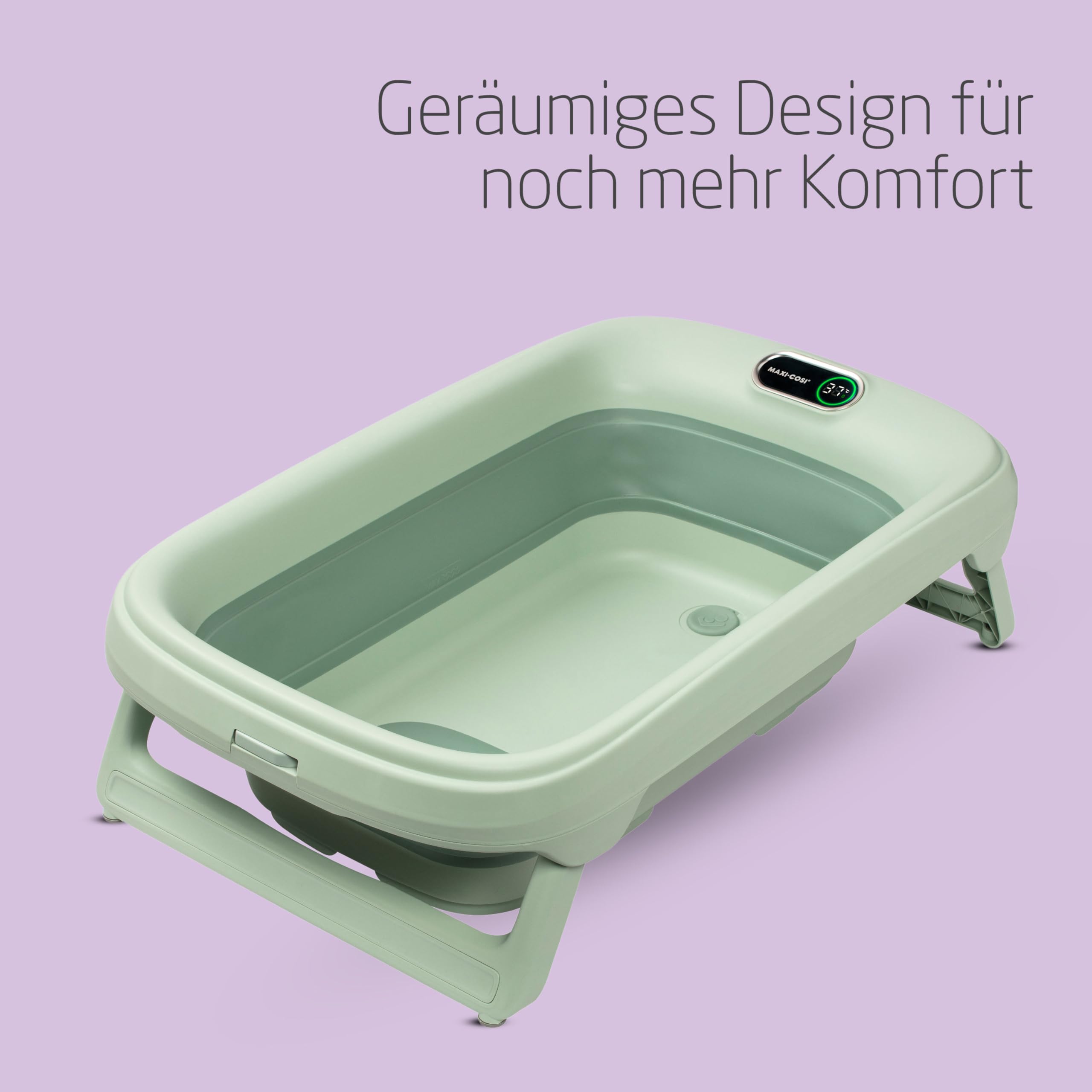 Maxi-Cosi Indigo Faltbare Badewanne Baby, 0-4 Jahre, Geräumige Mobile Badewanne Kleinkind, Integriertes HighSense Thermometer, Rutschfest, Klappbarer Hängehaken, Flach Faltbar, Sage Green