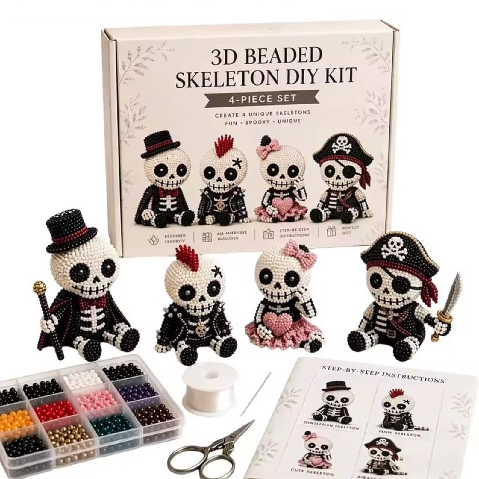 3D Beaded Skeleton DIY Kit, Petite Skeleton Beading Craft Set for Halloween Decoration, 2026 New Tiny 3D DIY Collection for Adults, Beginner Friendly 4-Pack (Pink)