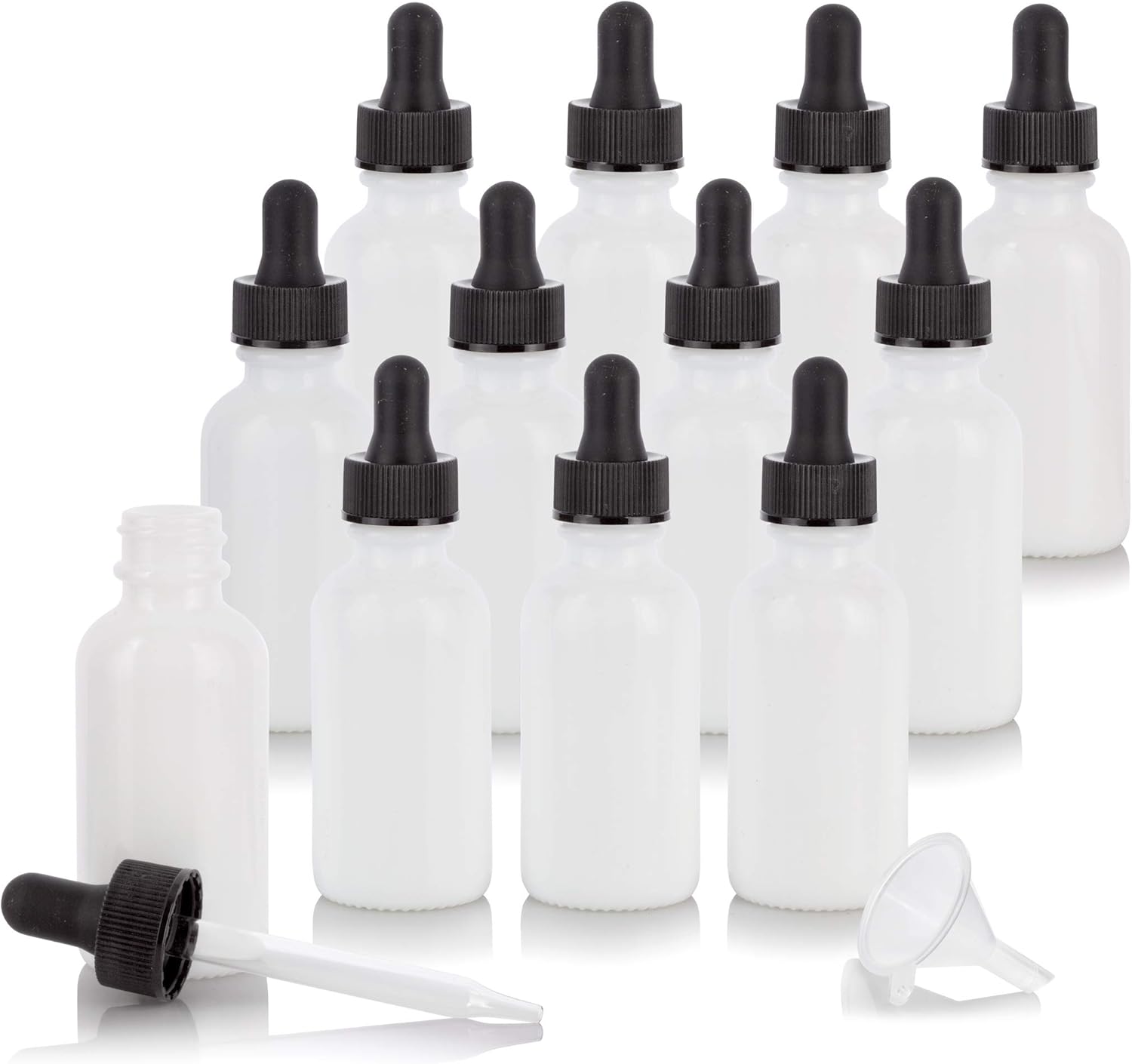 JUVITUS 1 oz Opal White Glass Boston Round Bottle with Dropper + Funnel (12 Pack) Refillable Empty Storage Containers