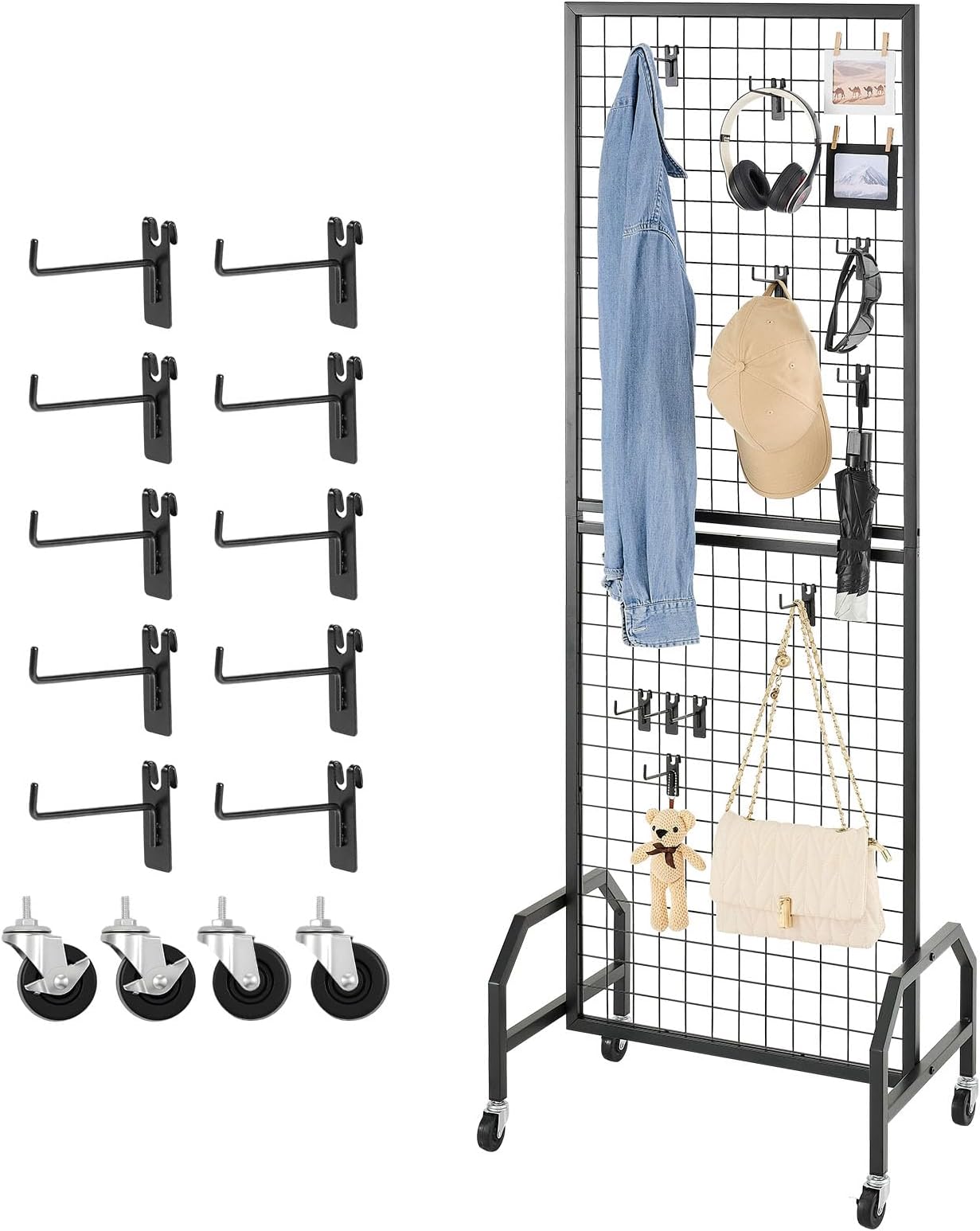 Grid Wall Panel, 1.9 x 5.4 ft Wire Grid Panels Display Rack, Movable Art Display Shelf with Wheels and 10 Hooks, Black Carbon Steel Gridwall for Craft Show, Decoration, Storage, Notice Board