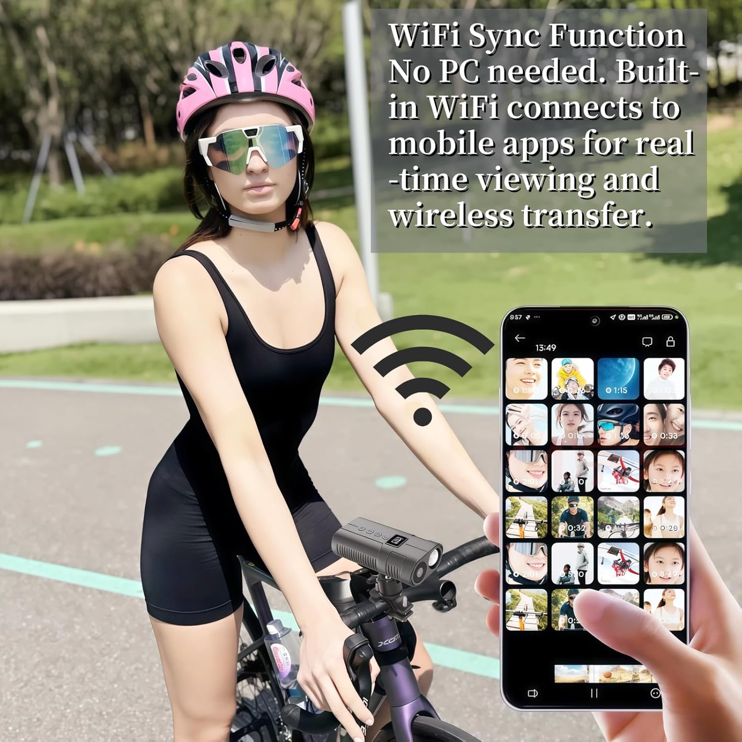 PIEPIE Bike Front Light Sports Camera，1080P HD Bicycle Action Camera, 64GB Memory, 10H Recording, Rechargeable LED Headlight for Night Riding, Ebike Accessories, Mountain Road BMX Dirt Bike