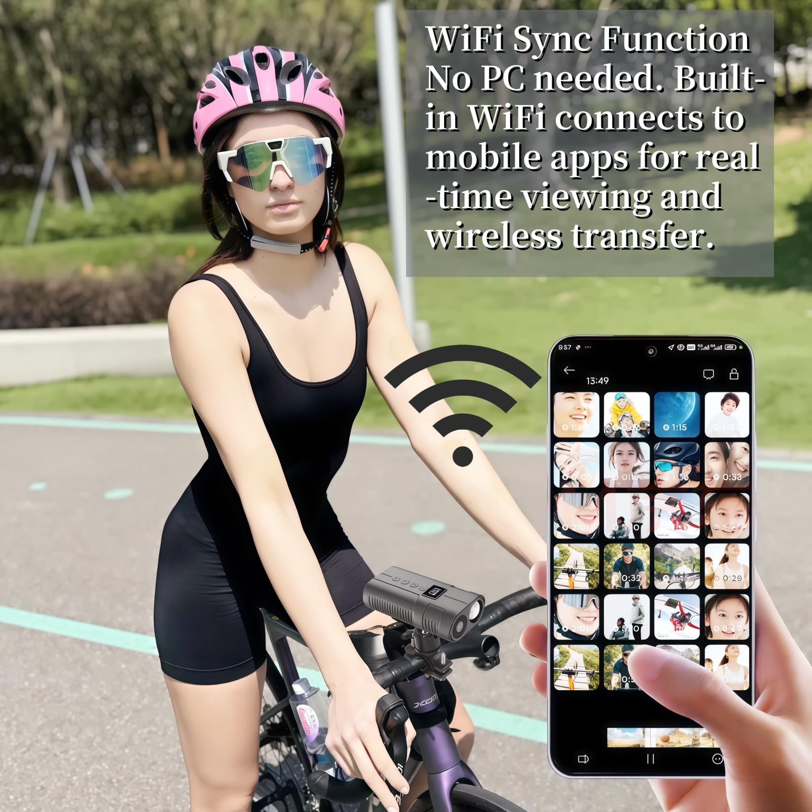PIEPIE Videocamera sportiva con luce anteriore per bicicletta, 1080p, HD, con memoria da 64 GB, registrazione 10H, faro LED ricaricabile per guida notturna, accessori per bici da cross, mountain bike