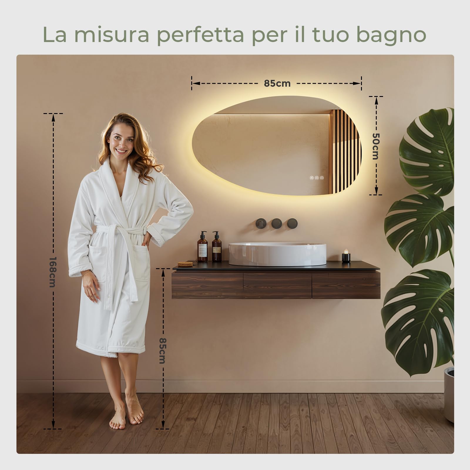 S'AFIELINA Specchio Bagno con Luce LED, Specchio Bagno Retroilluminato Asimmetrico 85x50 cm, Interruttore Touch,Dimmerabile, 3 Temperature di Colore, Antiappannamento, Specchi da parete per bagno