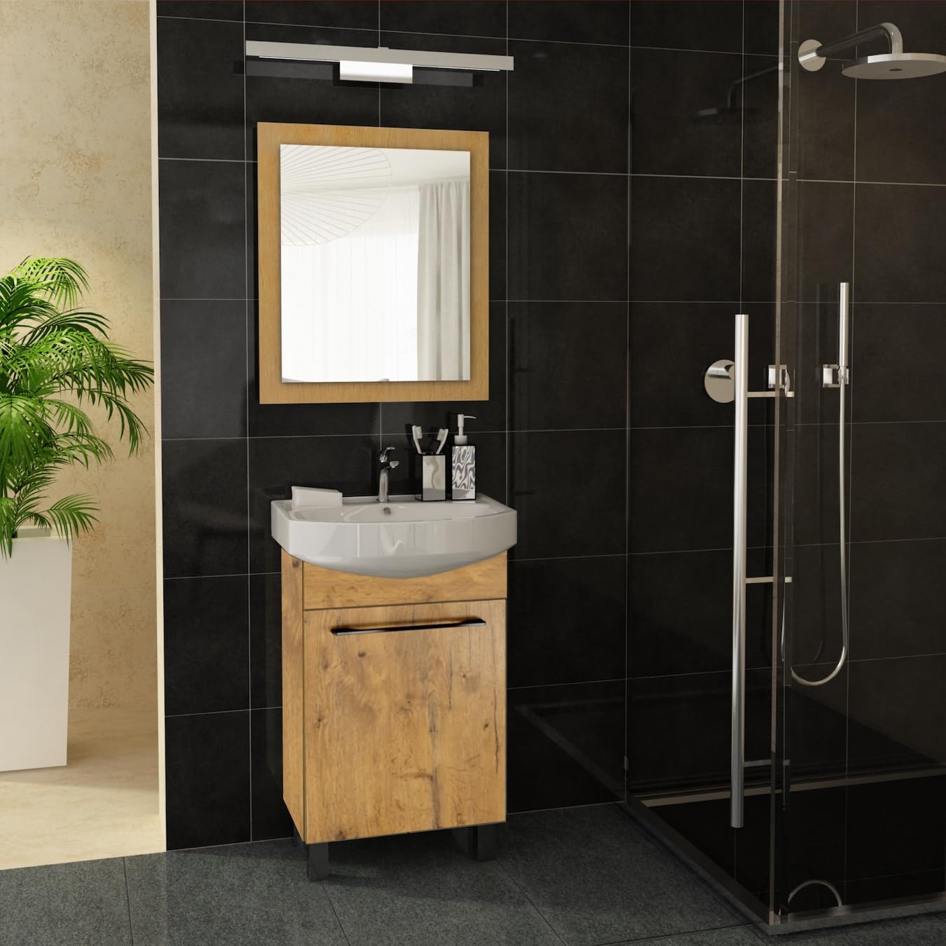 Lavabo con armario bajo 50 cm de ancho, armario bajo lavabo Altea con lavabo Lancelot roble - Mueble bajo lavabo para baño, armarios de baño