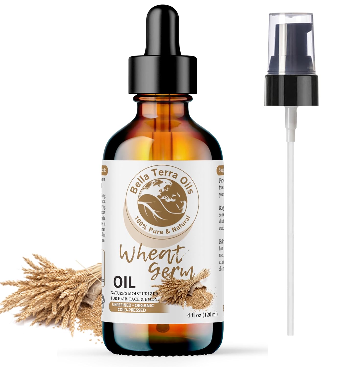 Bella Terra Oils – Organic Wheat Germ Oil 4oz – A Symphony of Vitamin E & C, Pure Essence of Face Oil, Dive into Natural Glow & Suppleness